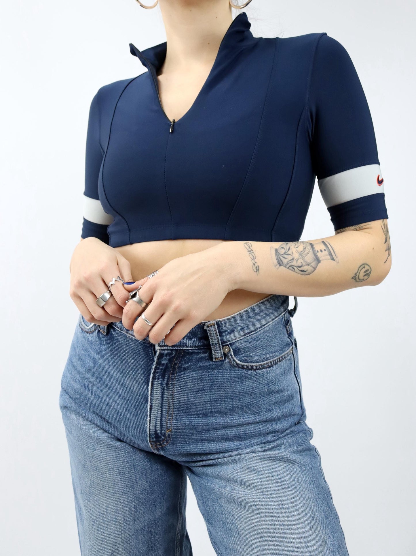 Vintage 80er 90er NIKE Crop Top kurzarm Sport Top dunkelblau M