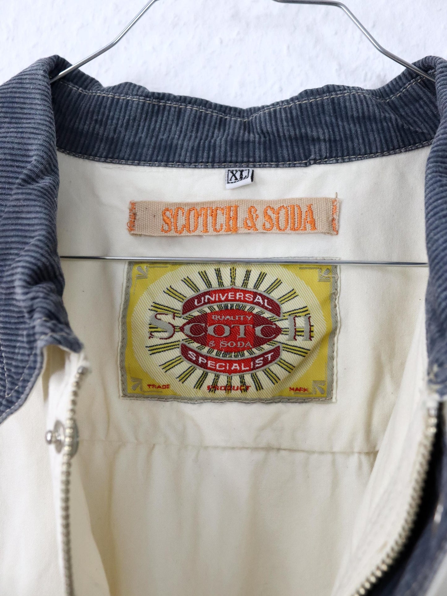 Vintage 80er 90er SCOTCH & SODA Jeansjacke Überziehjacke crazy pattern beige grau XL