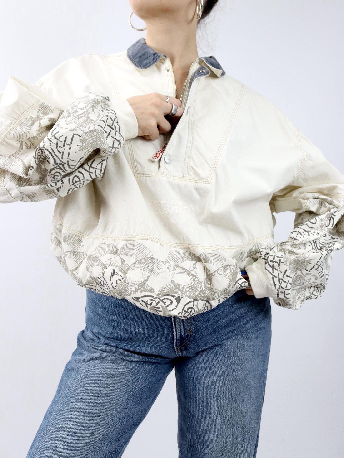 Vintage 80er 90er SCOTCH & SODA Jeansjacke Überziehjacke crazy pattern beige grau XL