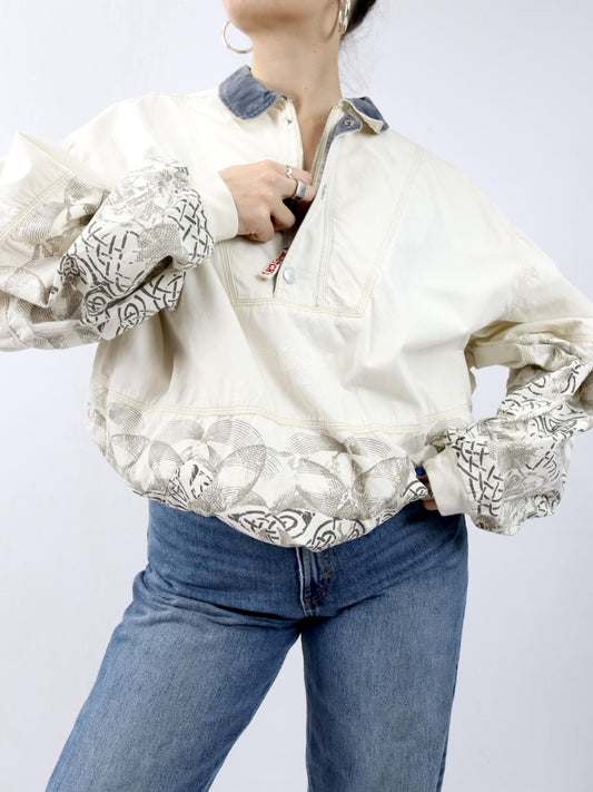 Vintage 80er 90er SCOTCH & SODA Jeansjacke Überziehjacke crazy pattern beige grau XL