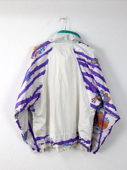 Vintage 80er 90er AK SPORT Trainingsjacke Jacke Stehkragen glänzend crazy pattern weiß bunt L