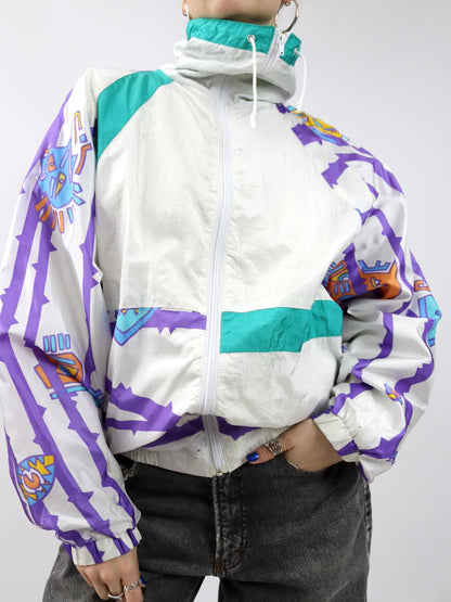 Vintage 80er 90er AK SPORT Trainingsjacke Jacke Stehkragen glänzend crazy pattern weiß bunt L