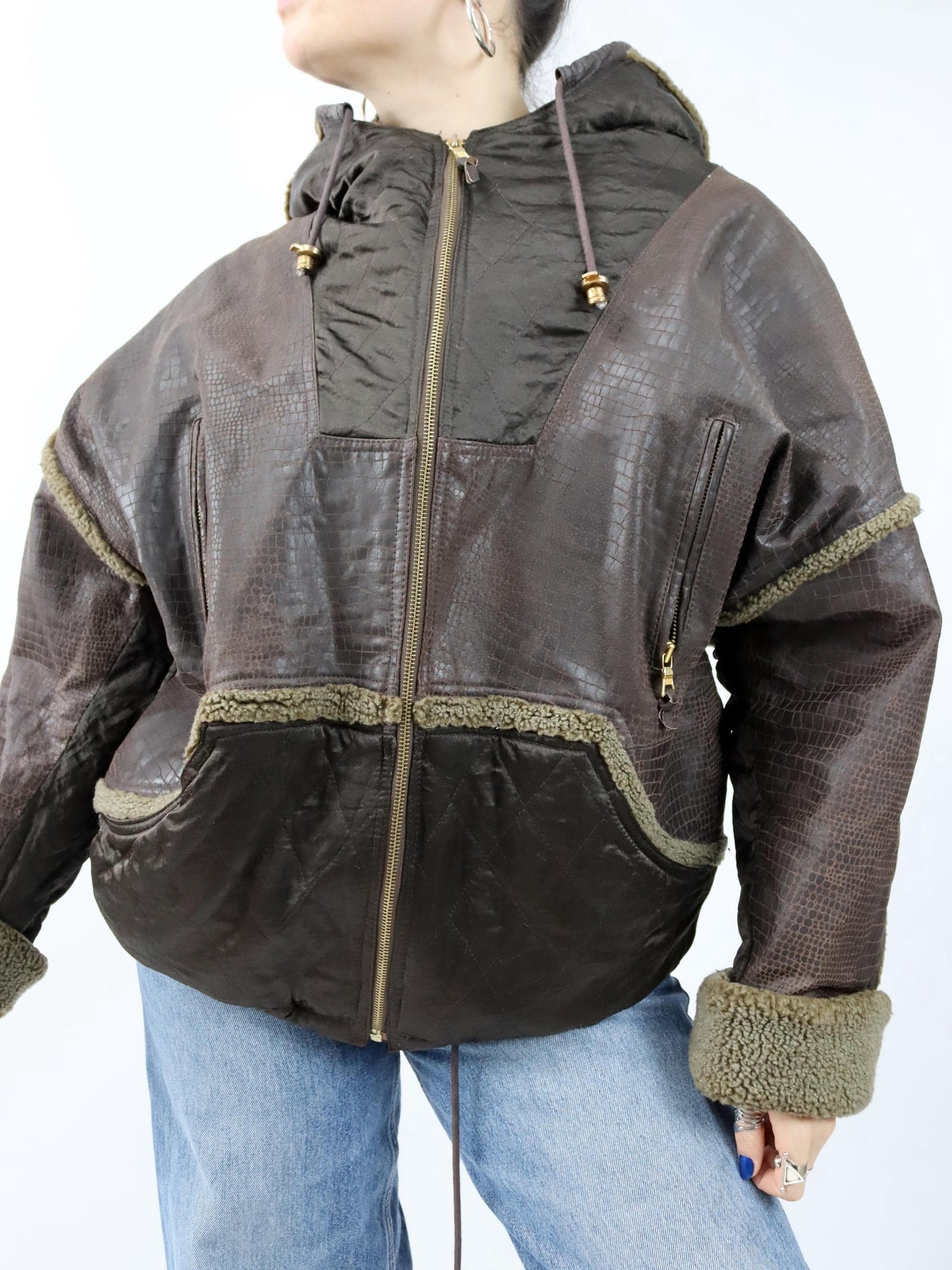 Vintage 80er 90er LEATHER SOUND Lederjacke Jacke leicht gefüttert Kapuze 36