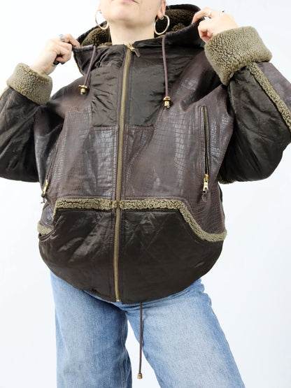 Vintage 80er 90er LEATHER SOUND Lederjacke Jacke leicht gefüttert Kapuze 36