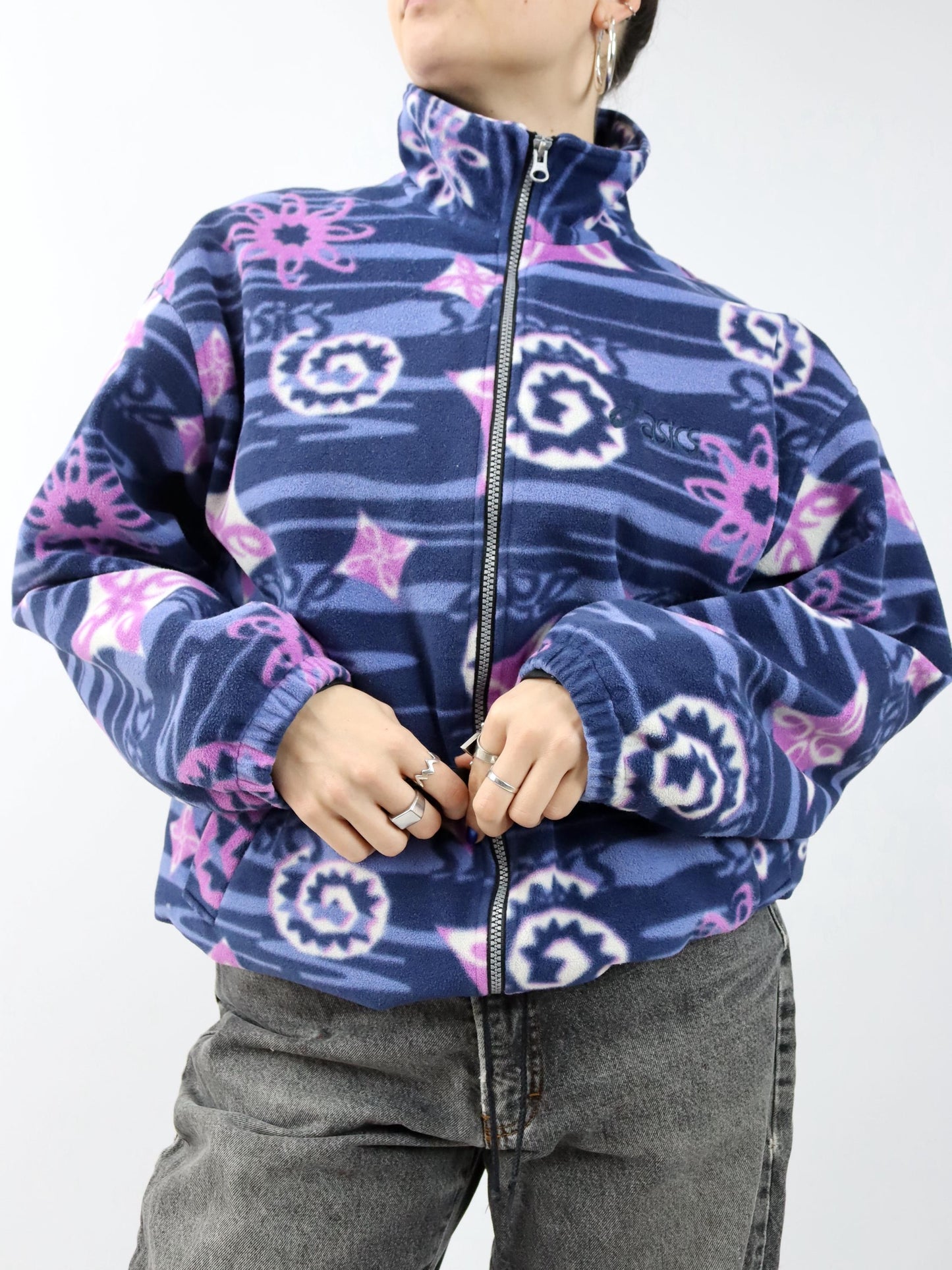 Vintage 80er 90er ASICS Fleecejacke Jacke crazy pattern pink blau doppellagig L