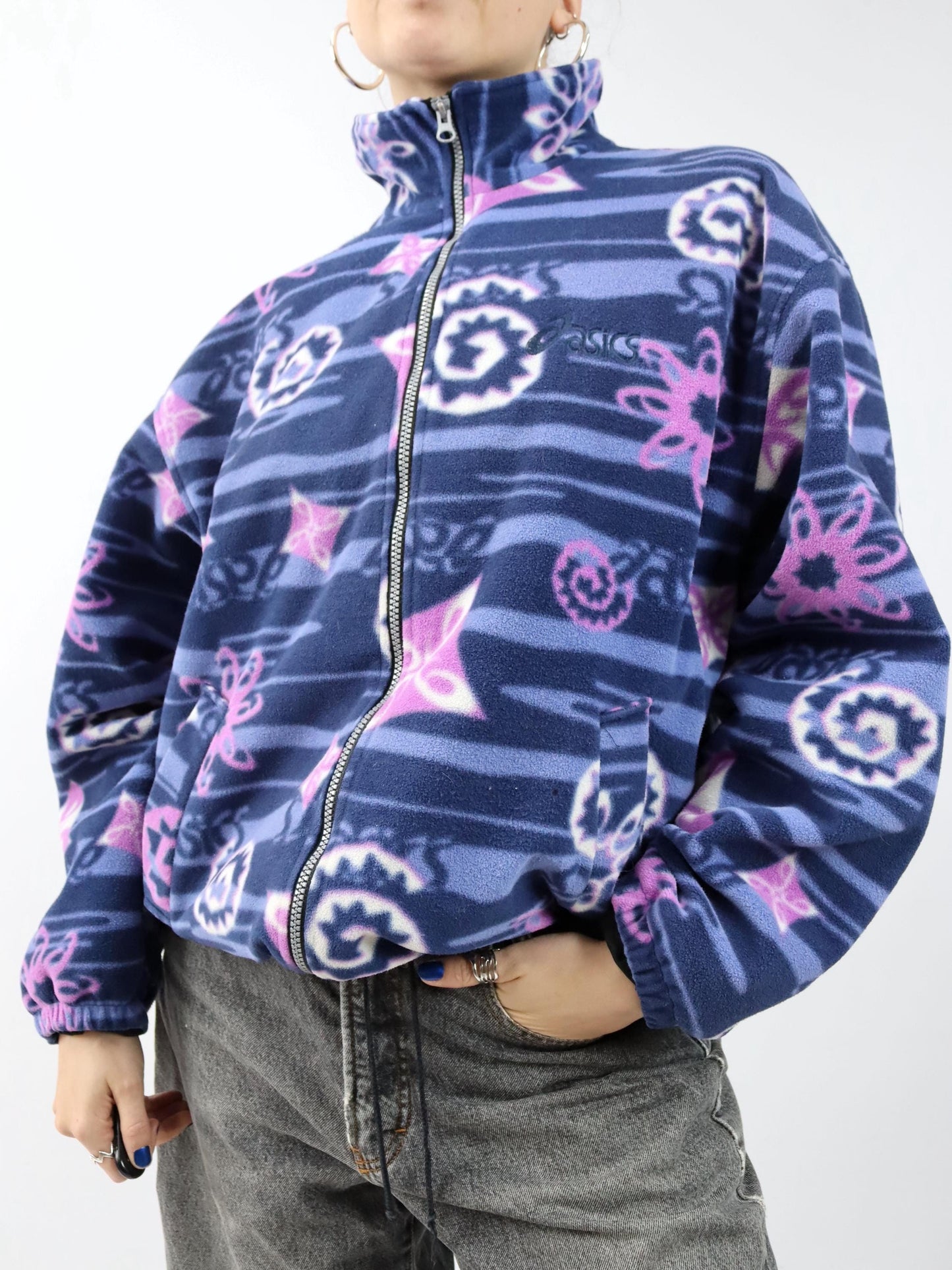 Vintage 80er 90er ASICS Fleecejacke Jacke crazy pattern pink blau doppellagig L