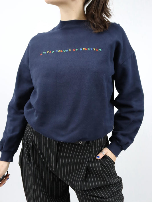 Vintage 80er 90er United Colors of BENETTON Sweatshirt Pullover Stickerei dunkelblau bunt M