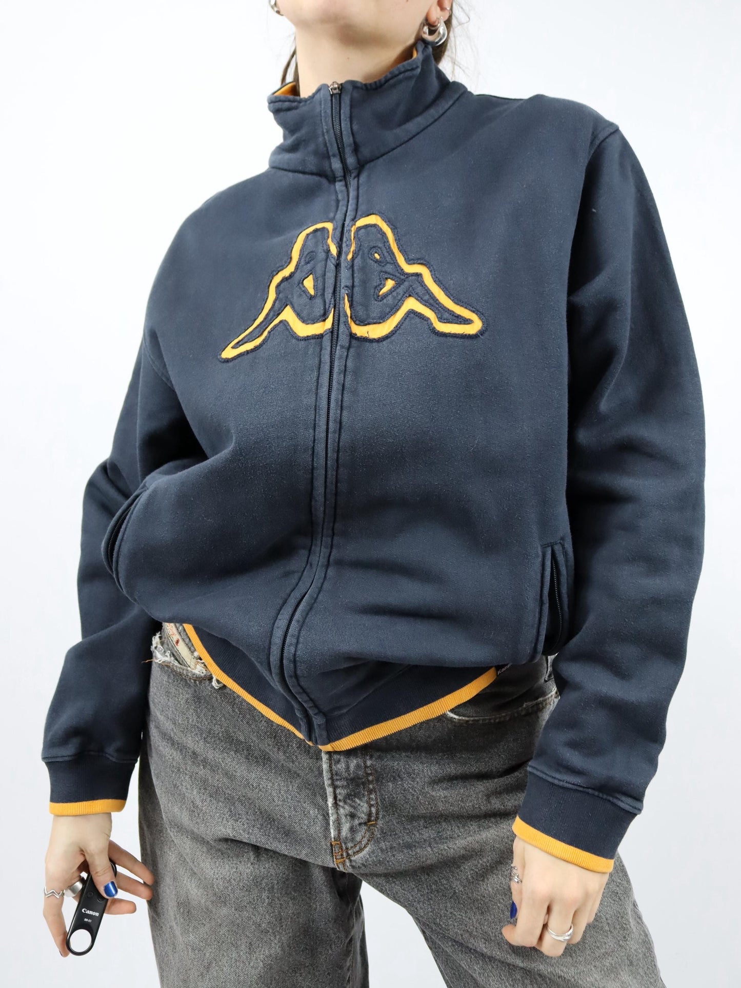 Vintage 80er 90er KAPPA Sweatjacke Jacke Stehkragen gelb schwarz L