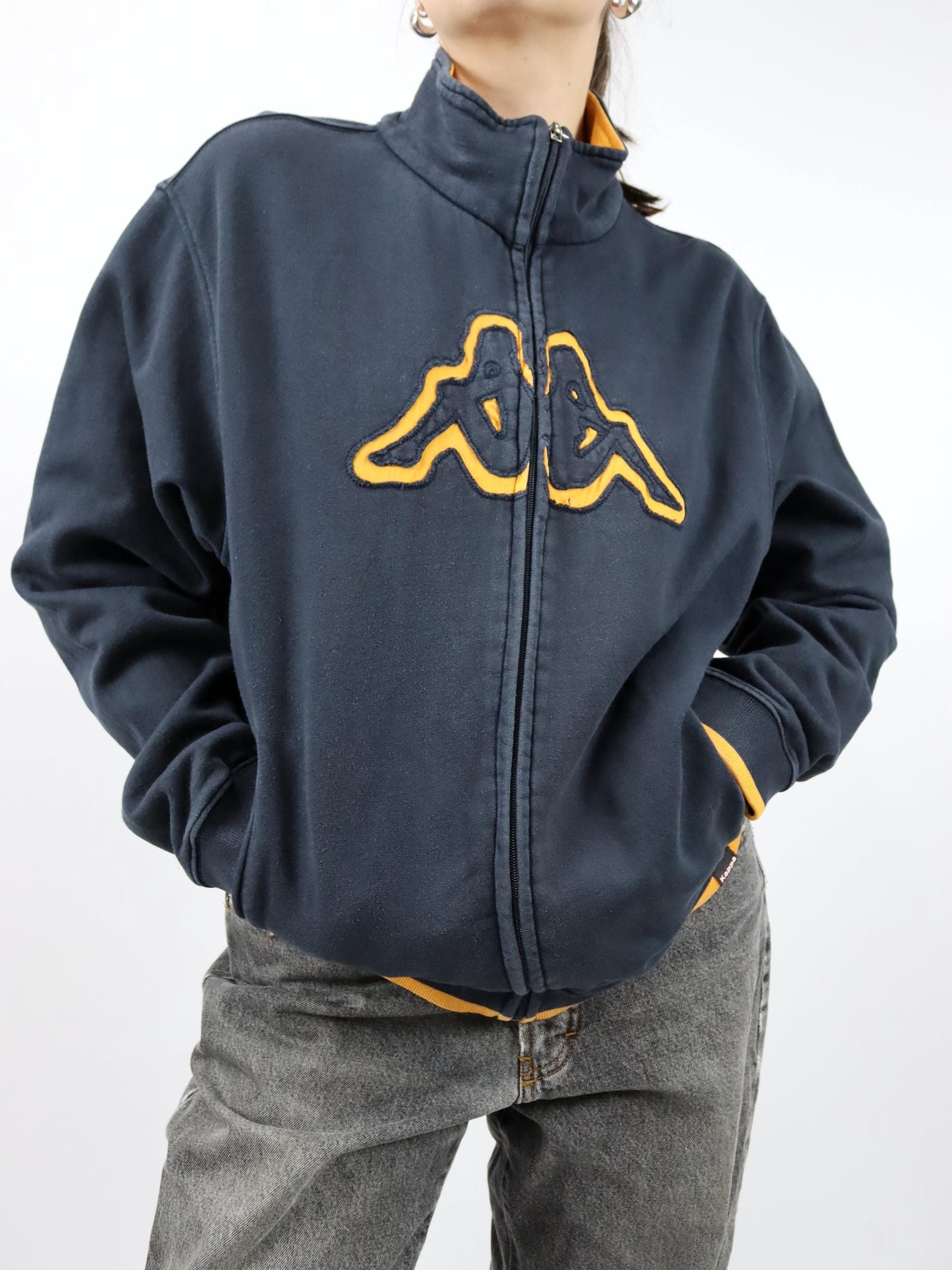 Vintage 80er 90er KAPPA Sweatjacke Jacke Stehkragen gelb schwarz L