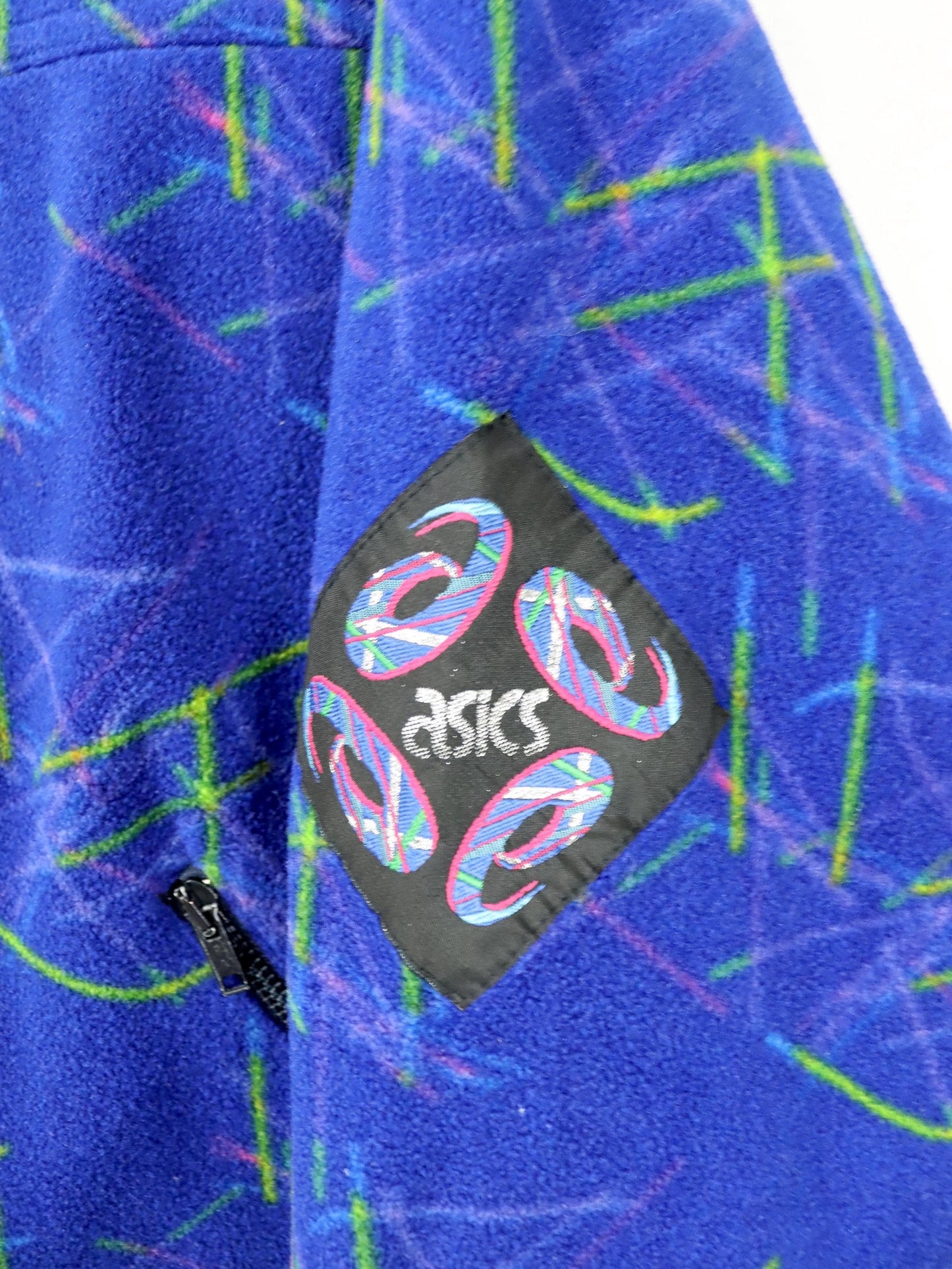 Vintage 80er 90er ASICS Fleecejacke Jacke Stehkragen crazy pattern blau grün M