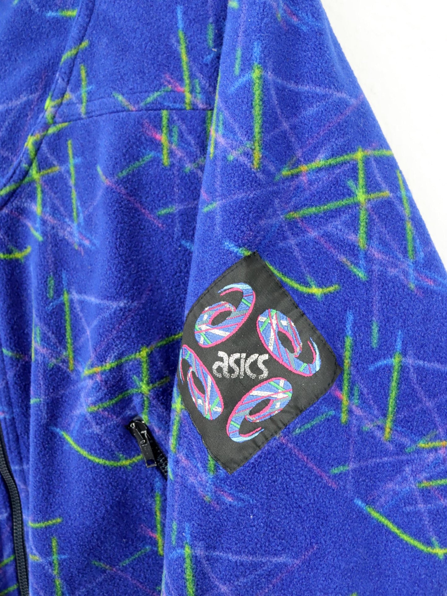 Vintage 80er 90er ASICS Fleecejacke Jacke Stehkragen crazy pattern blau grün M