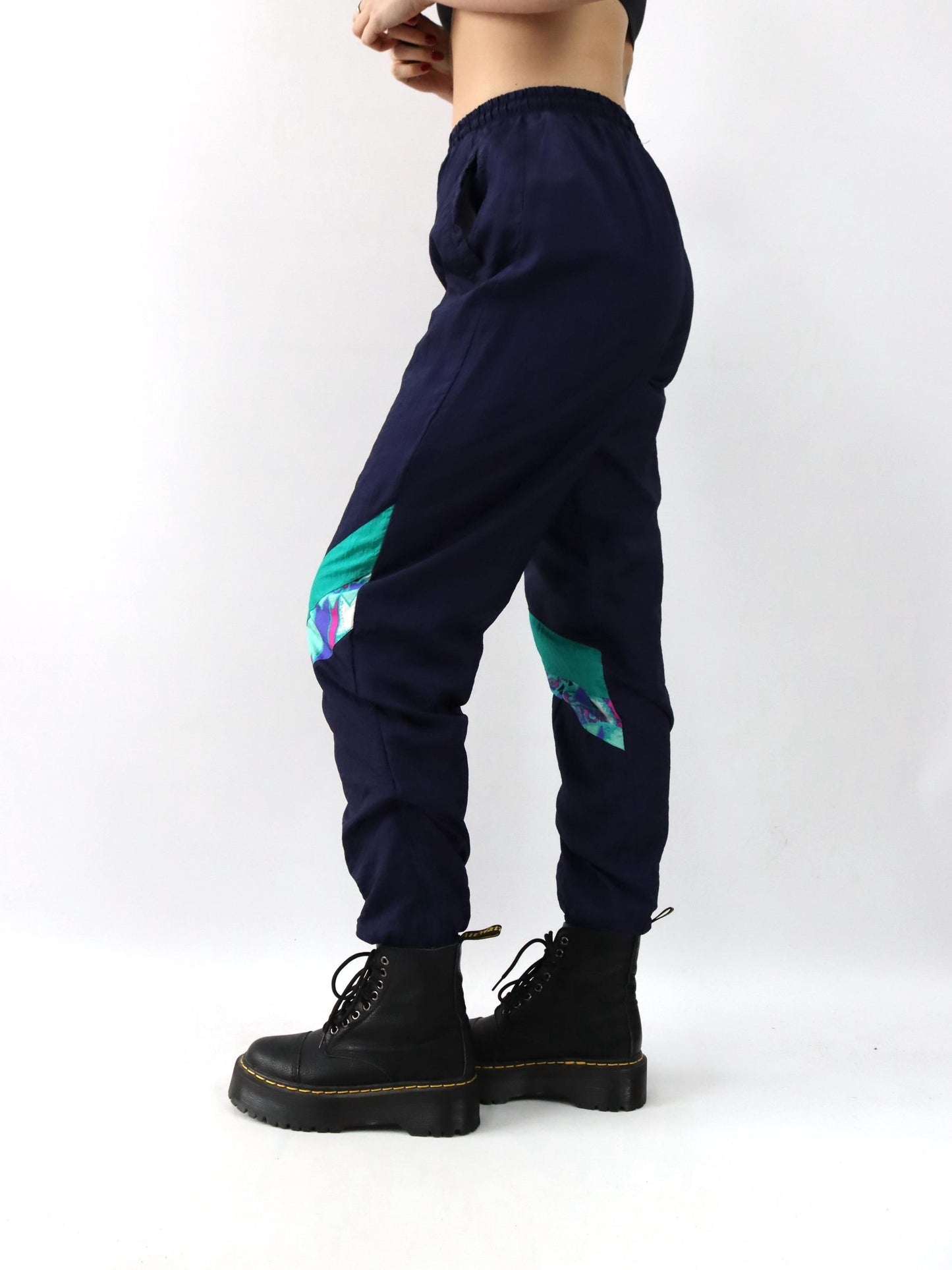 Vintage 80er 90er Trainingshose Jogginghose dunkelblau crazy pattern grün lila doppellagig M