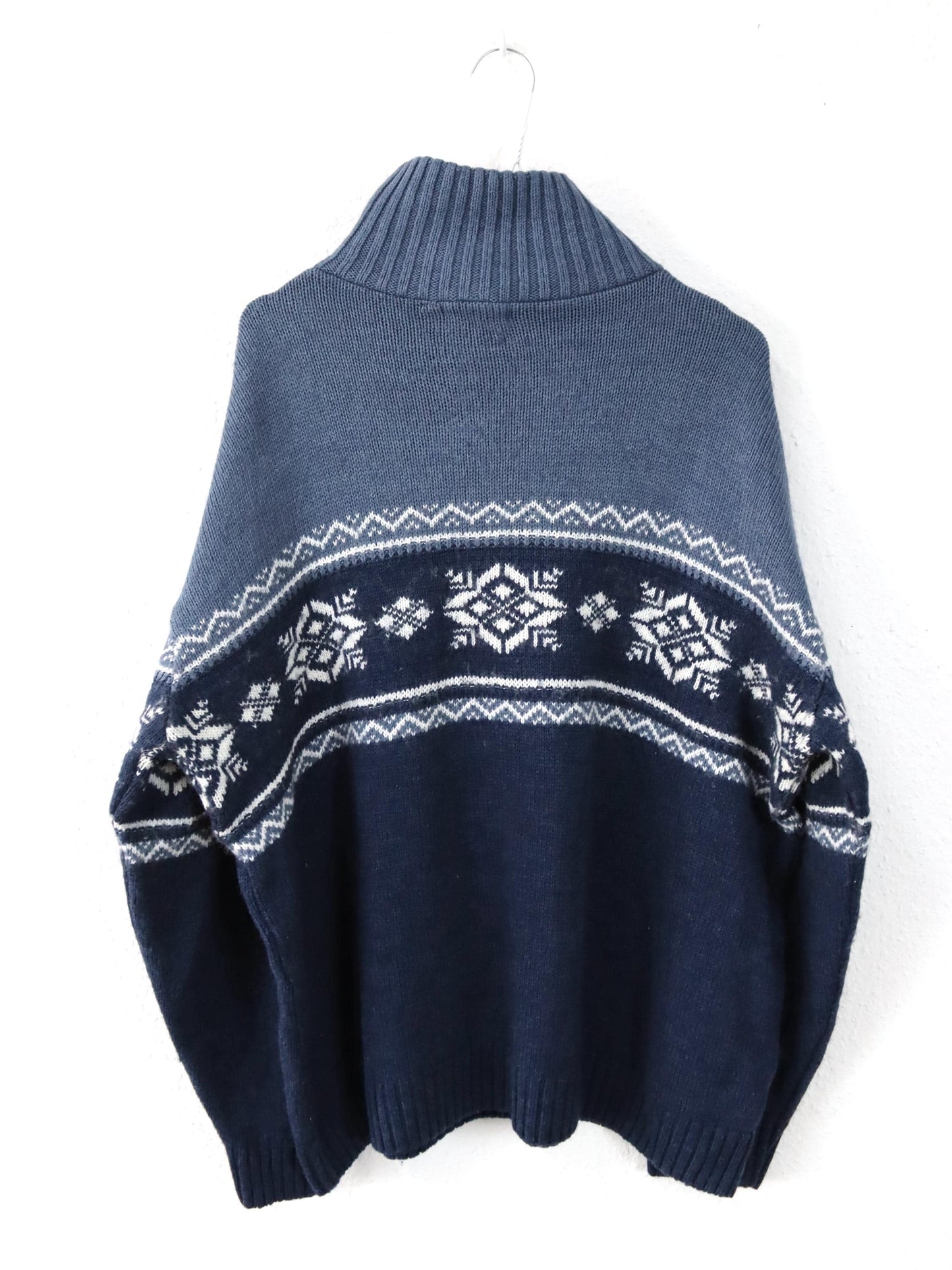 Vintage 90s 00s NAVIGAZIONE Wool Sweater Norwegian Stand-up Collar Zipper Patterned Blue XXL