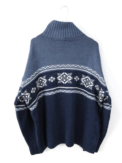 Vintage 90s 00s NAVIGAZIONE Wool Sweater Norwegian Stand-up Collar Zipper Patterned Blue XXL