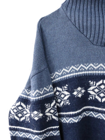 Vintage 90s 00s NAVIGAZIONE Wool Sweater Norwegian Stand-up Collar Zipper Patterned Blue XXL