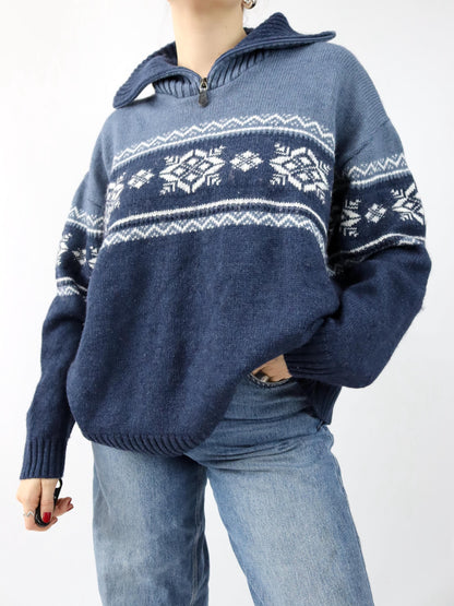 Vintage 90s 00s NAVIGAZIONE Wool Sweater Norwegian Stand-up Collar Zipper Patterned Blue XXL