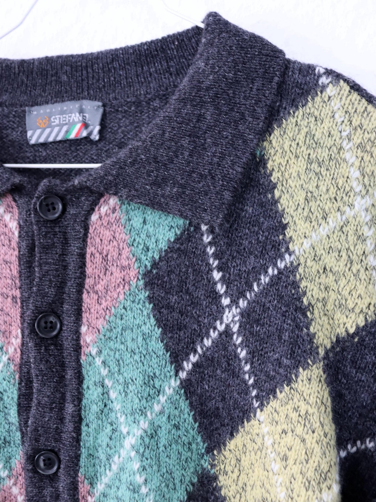 Vintage 80er 90er STEFANEL Wollpullover Kragen kariert Wolle 50 L