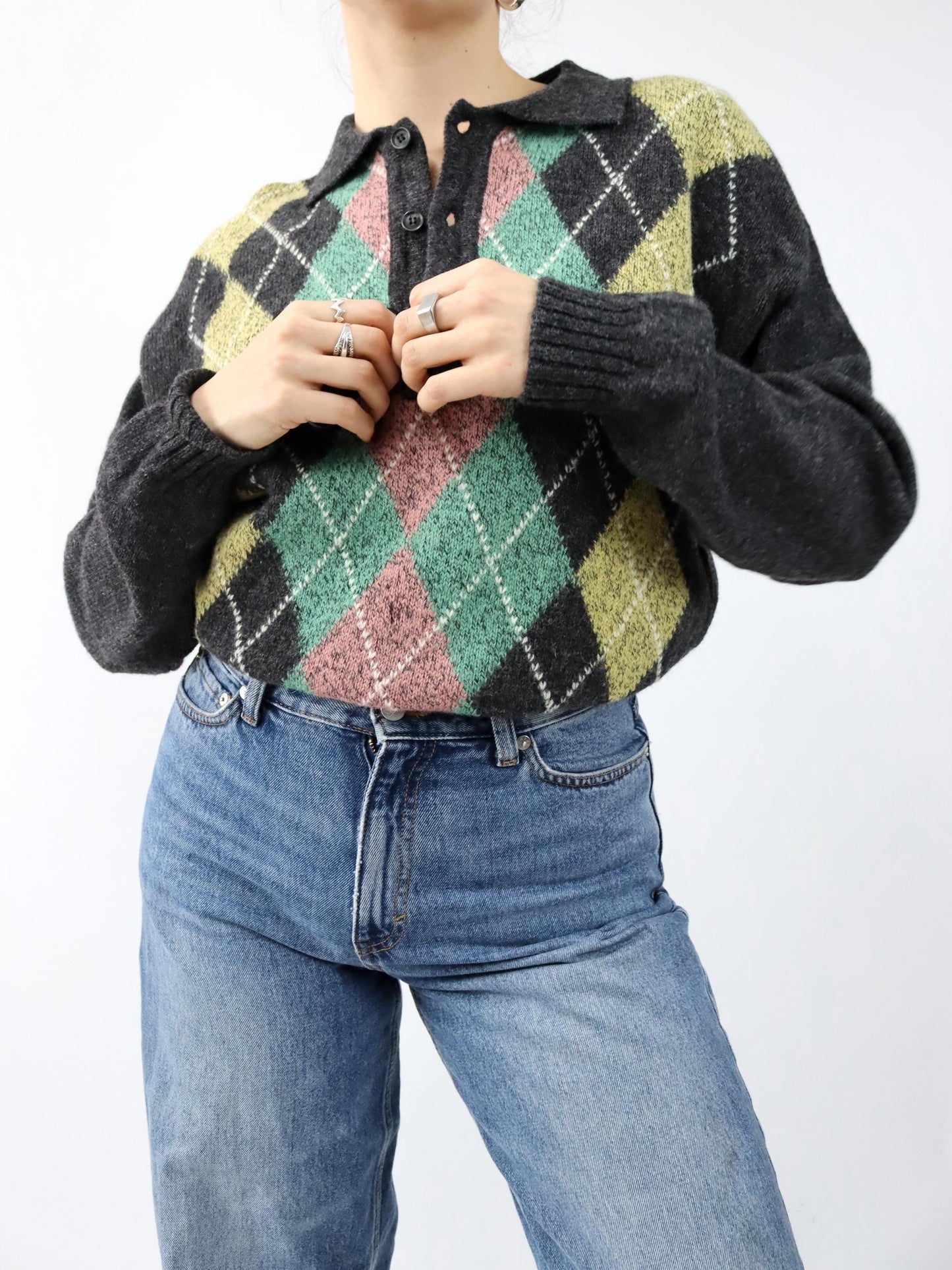 Vintage 80er 90er STEFANEL Wollpullover Kragen kariert Wolle 50 L