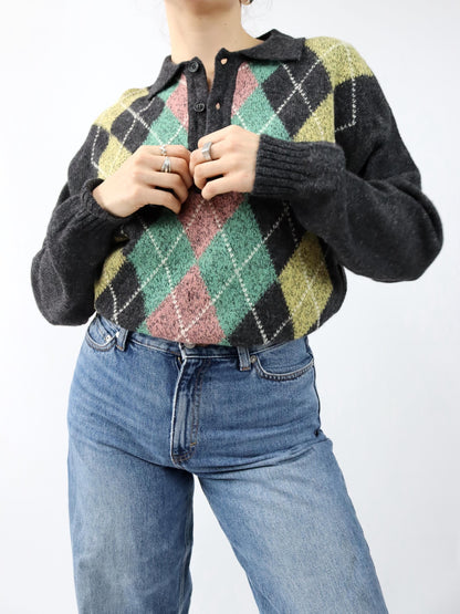 Vintage 80er 90er STEFANEL Wollpullover Kragen kariert Wolle 50 L