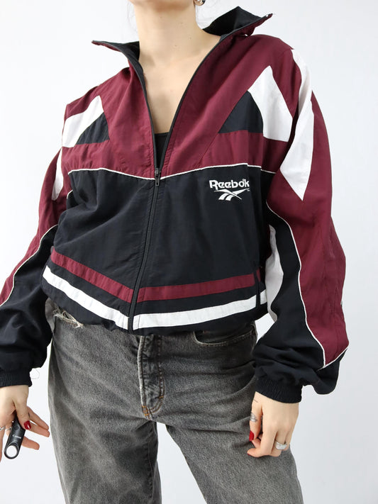 Vintage 80er 90er REEEBOK Trainingsjacke Stehkragen doppellagig dunkelrot schwarz weiß L