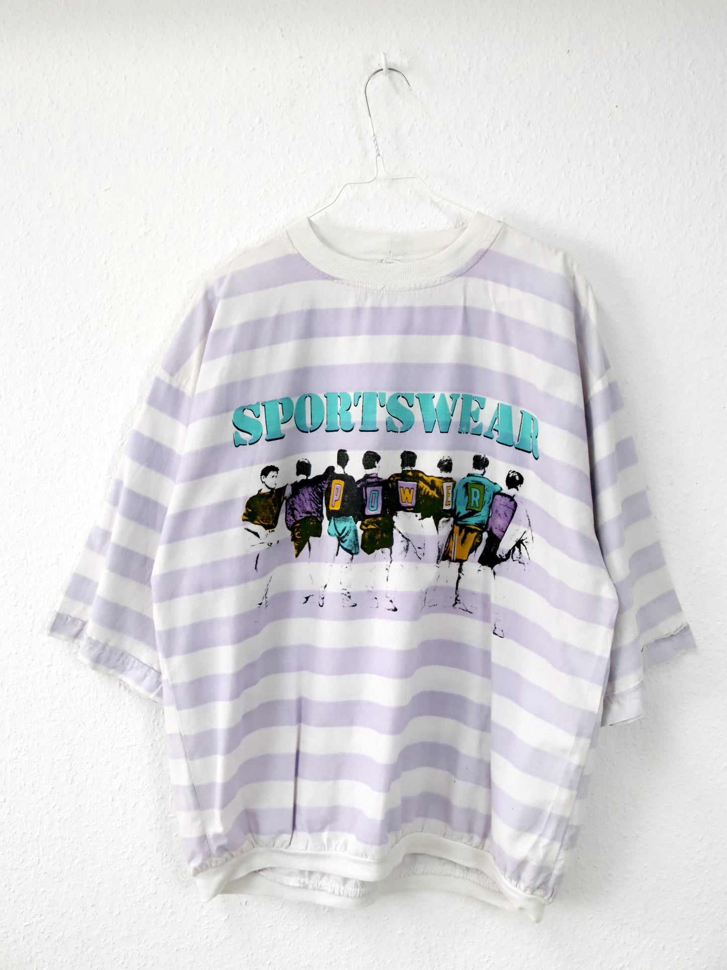 Vintage 80er 90er IN TIME T-Shirt kurzarm gestreift Print weiß rosa L