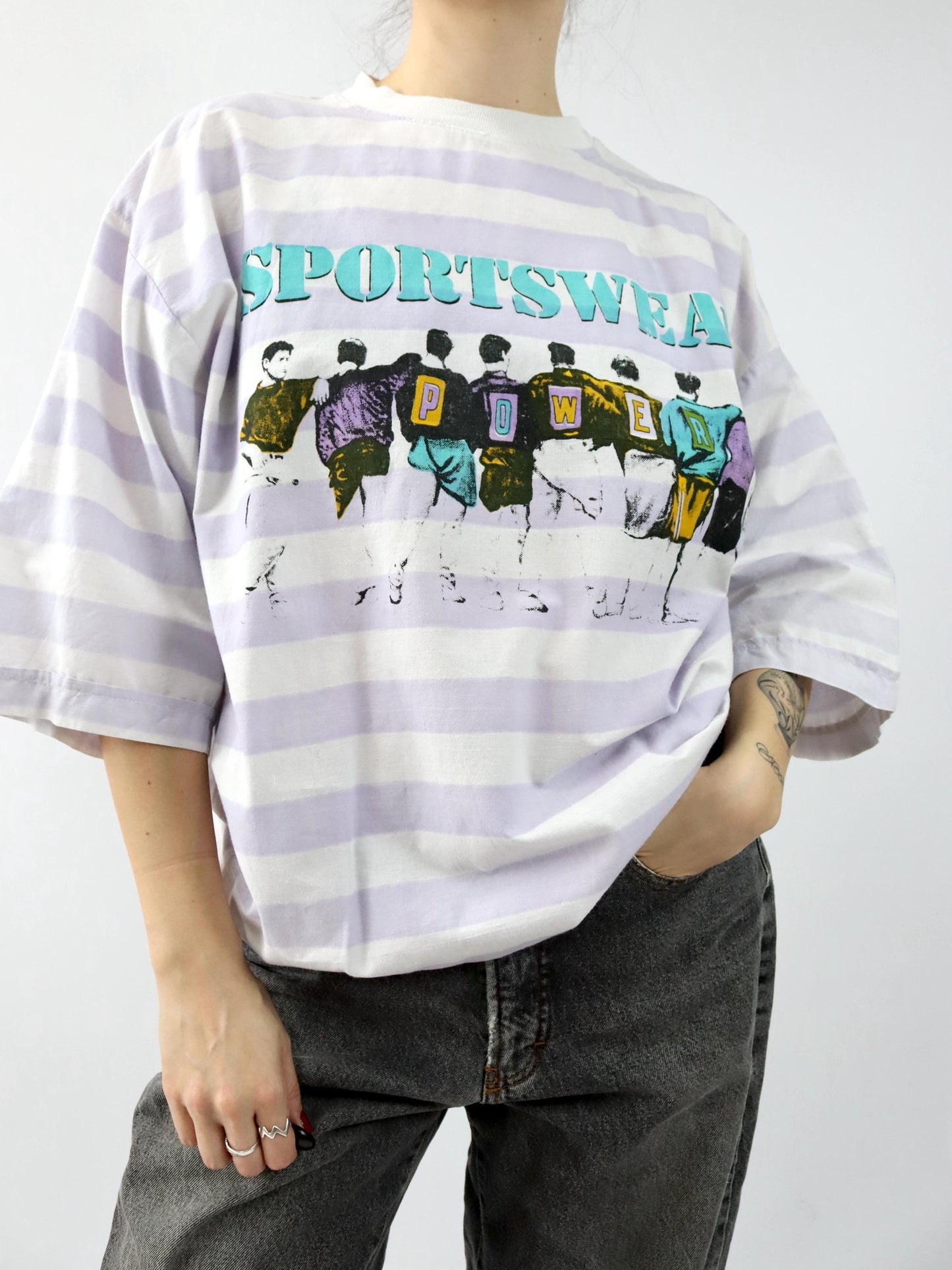 Vintage 80er 90er IN TIME T-Shirt kurzarm gestreift Print weiß rosa L