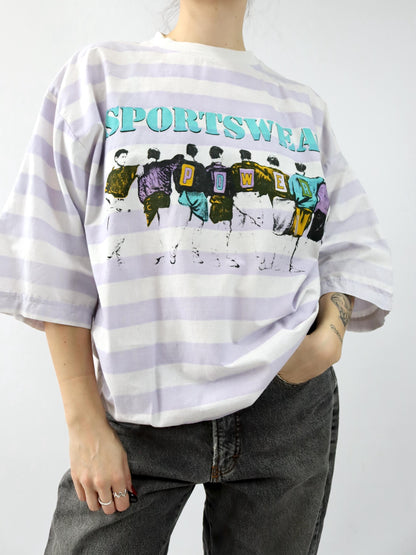 Vintage 80er 90er IN TIME T-Shirt kurzarm gestreift Print weiß rosa L