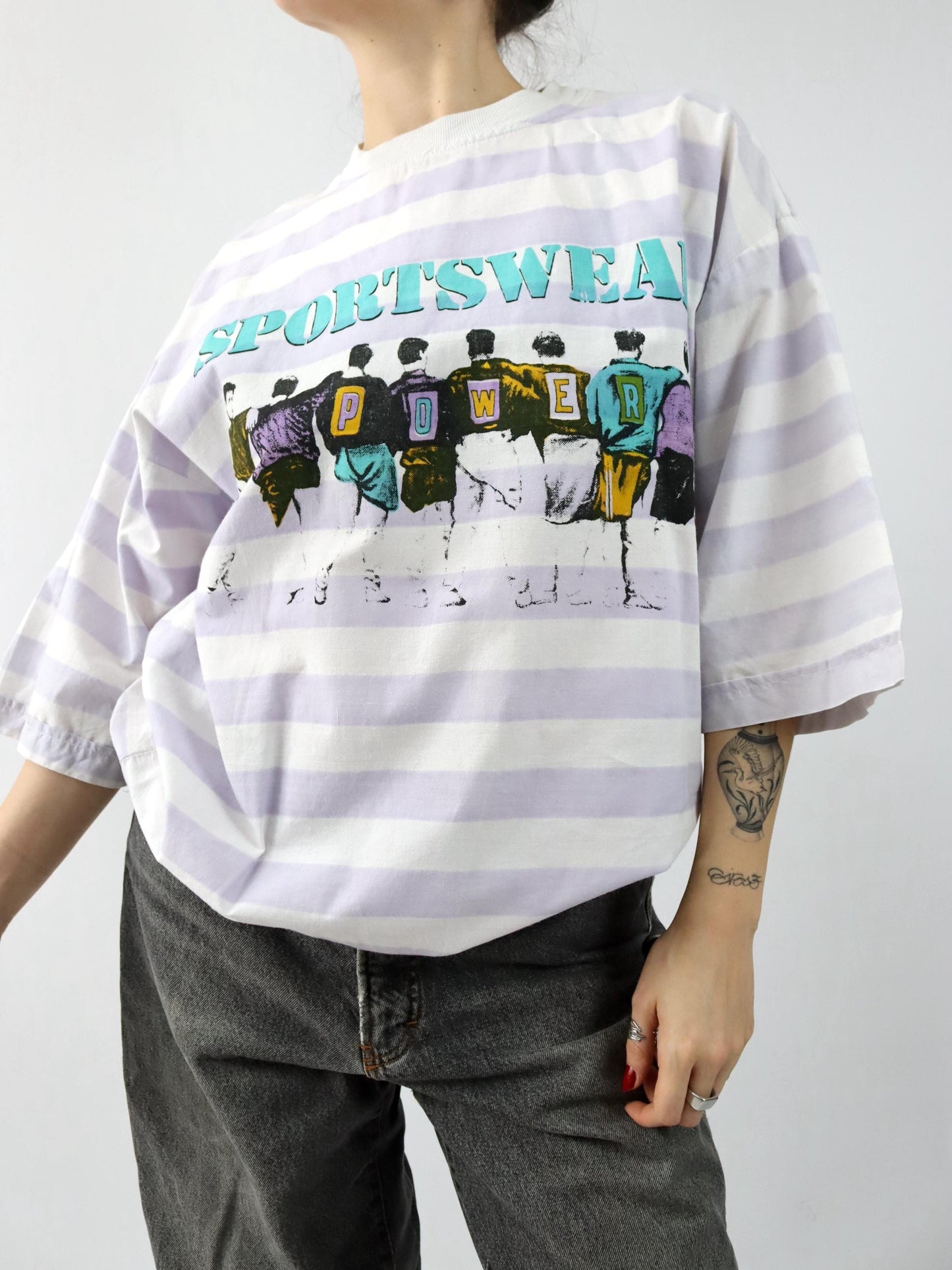 Vintage 80er 90er IN TIME T-Shirt kurzarm gestreift Print weiß rosa L