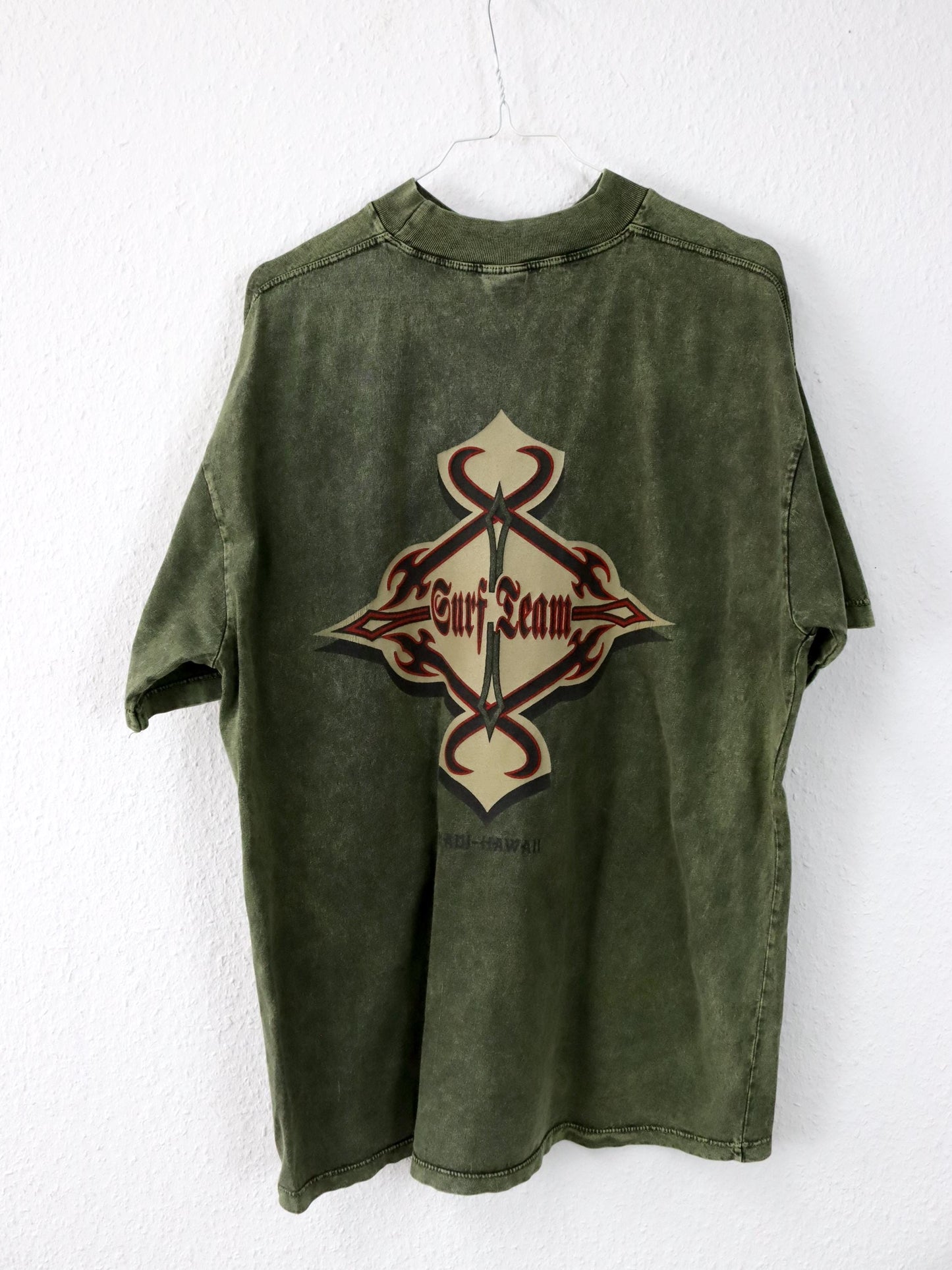 Vintage 80er 90er SURF TEAM T-Shirt kurzarm Backprint grün used look M