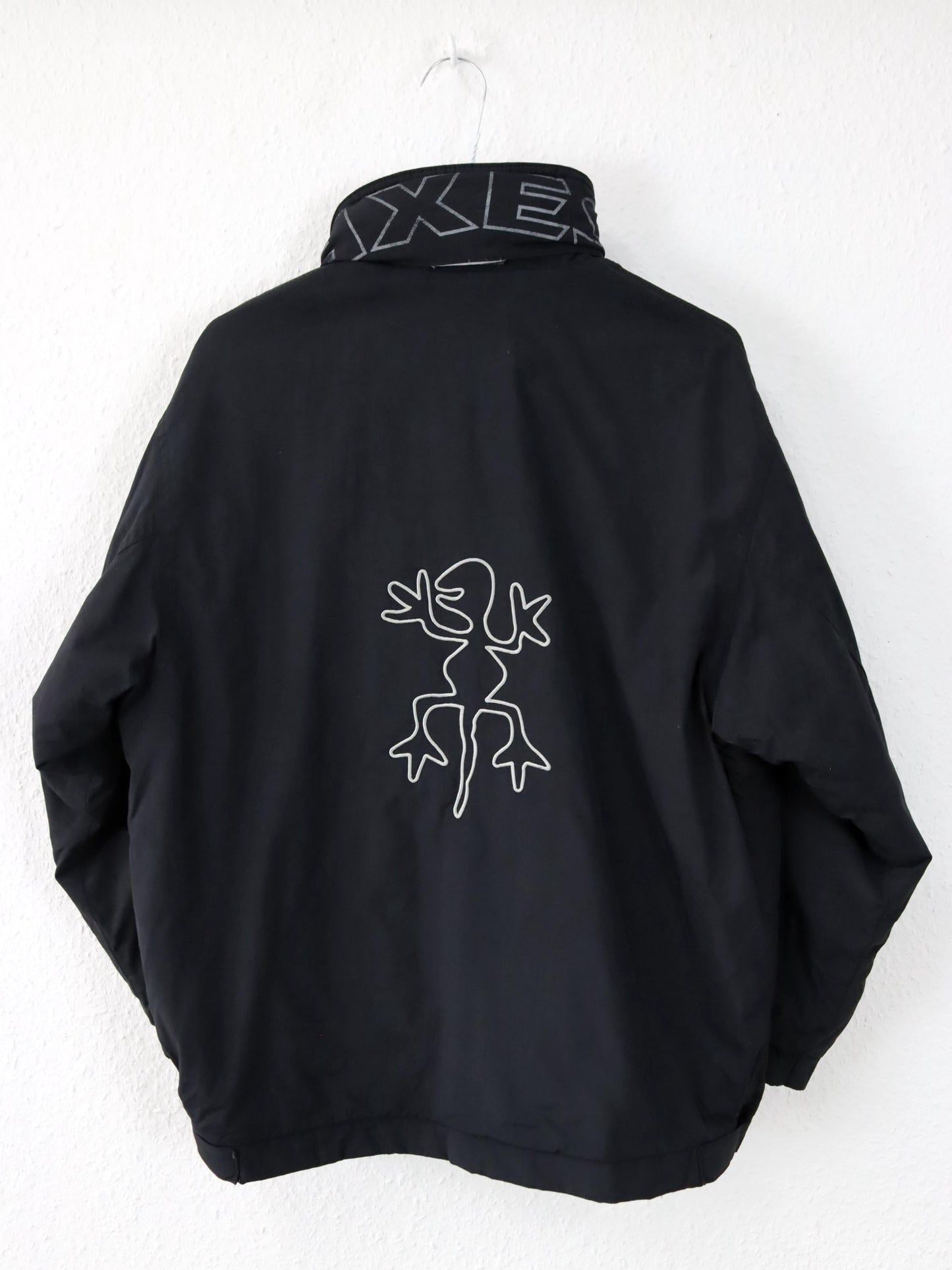 Vintage 90er 00er Y2k EXES Skijacke Winterjacke gefüttert schwarz Backprint XS/S 152