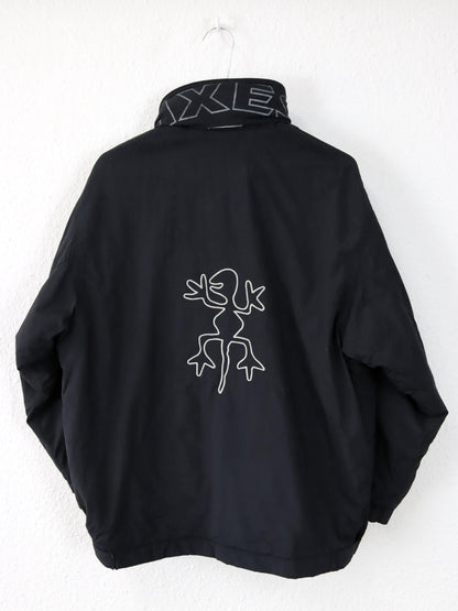 Vintage 90er 00er Y2k EXES Skijacke Winterjacke gefüttert schwarz Backprint XS/S 152