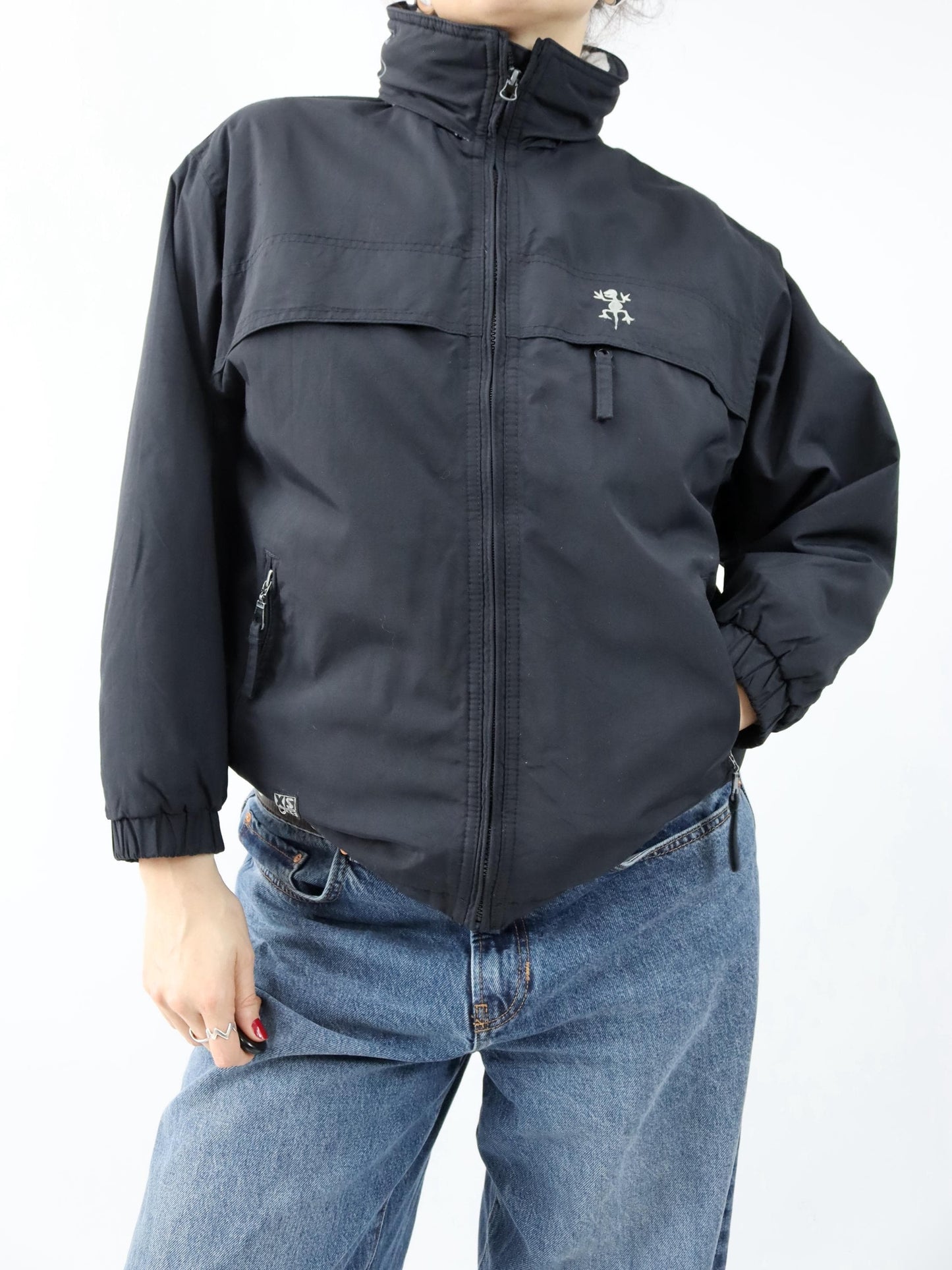 Vintage 90er 00er Y2k EXES Skijacke Winterjacke gefüttert schwarz Backprint XS/S 152