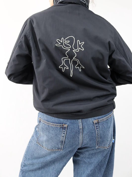 Vintage 90er 00er Y2k EXES Skijacke Winterjacke gefüttert schwarz Backprint XS/S 152