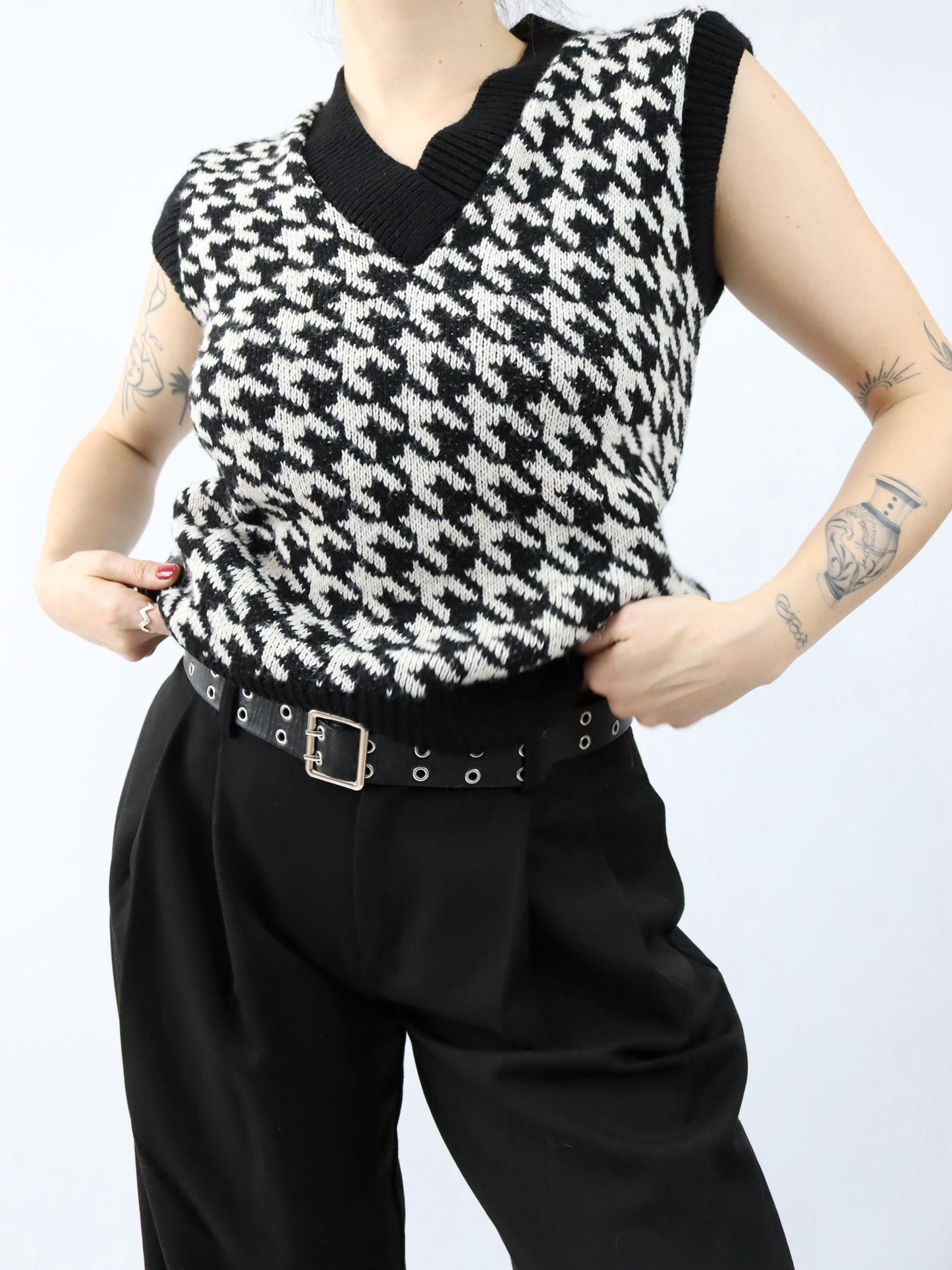 Vintage 90er 00er Y2k HAILYS Pullunder Hahnentrittmuster schwarz weiß XS/S