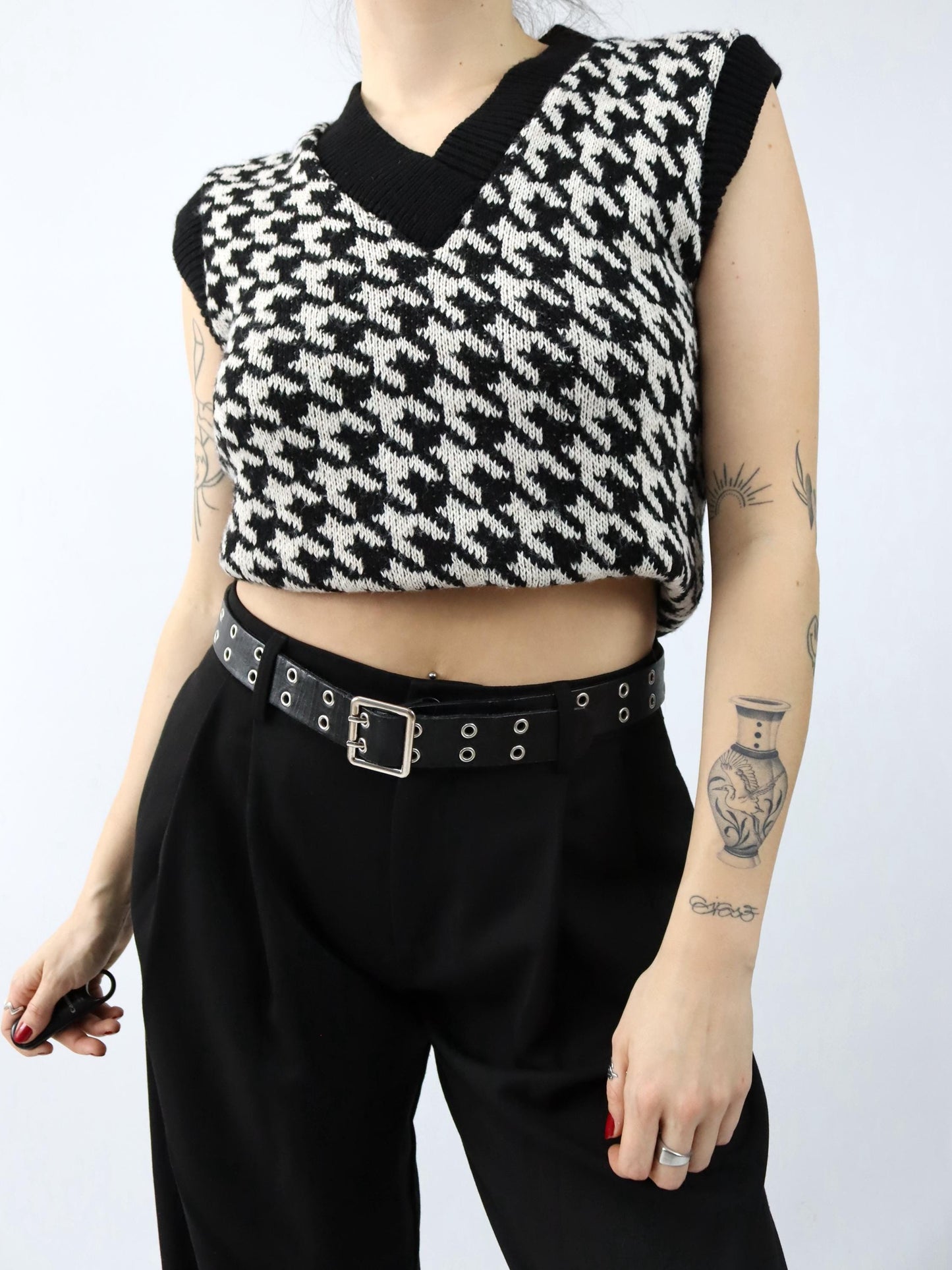 Vintage 90er 00er Y2k HAILYS Pullunder Hahnentrittmuster schwarz weiß XS/S