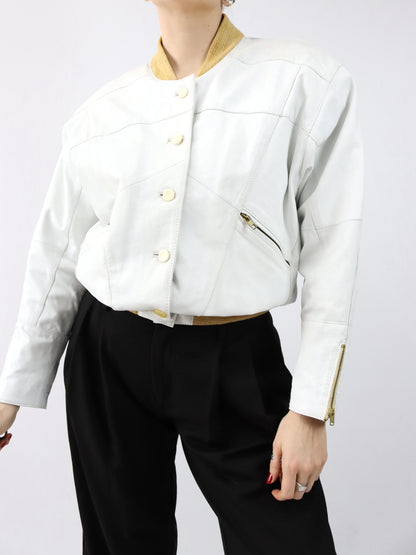 Vintage 80er 90er Lederjacke cremeweiß weiß Bomberjacke Schulterpolster 36