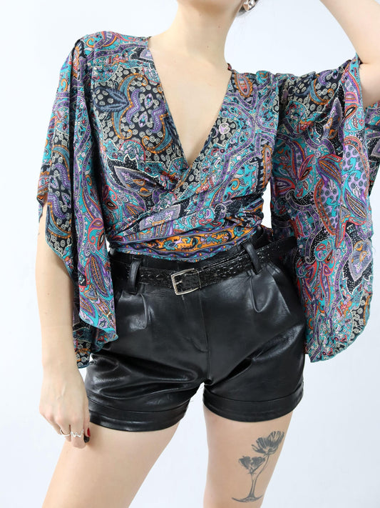 Vintage 90er 00er Wickelbluse gemustert bunt Boho Seidenbluse S/M