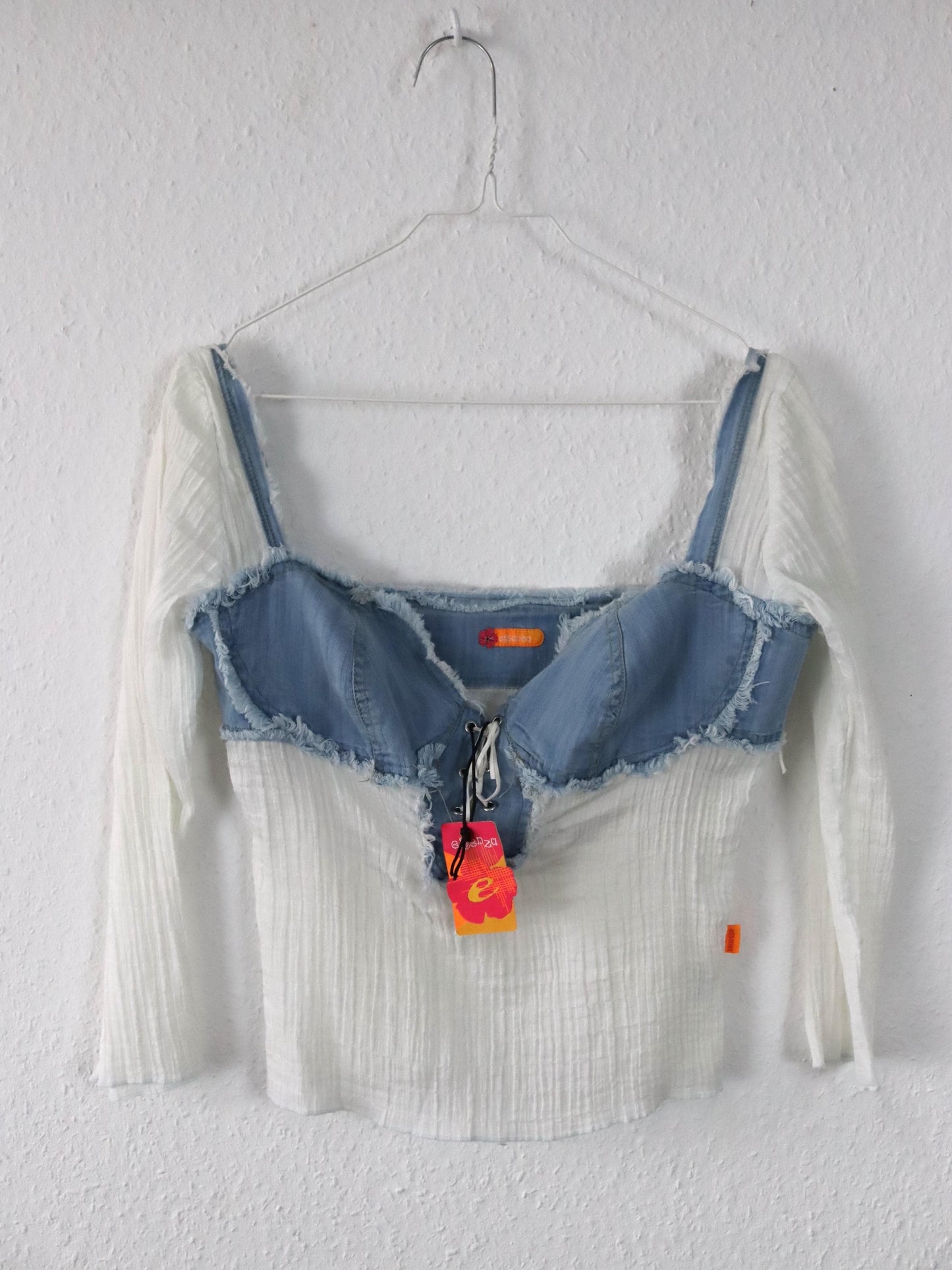Vintage 90s 00s Y2k ESSENZA Blouse Top Denim white slightly transparent Deadstock M/L