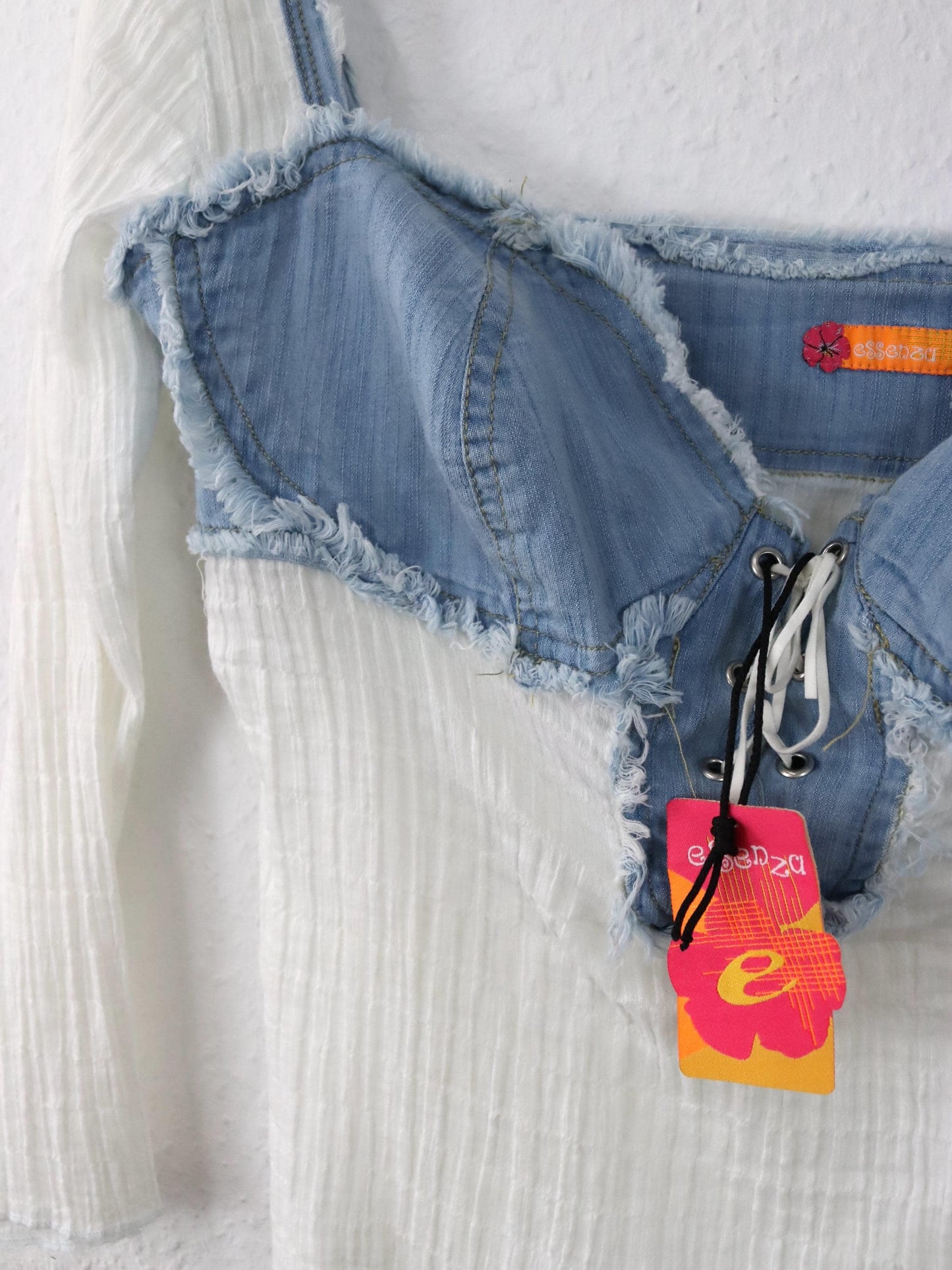 Vintage 90s 00s Y2k ESSENZA Blouse Top Denim white slightly transparent Deadstock M/L