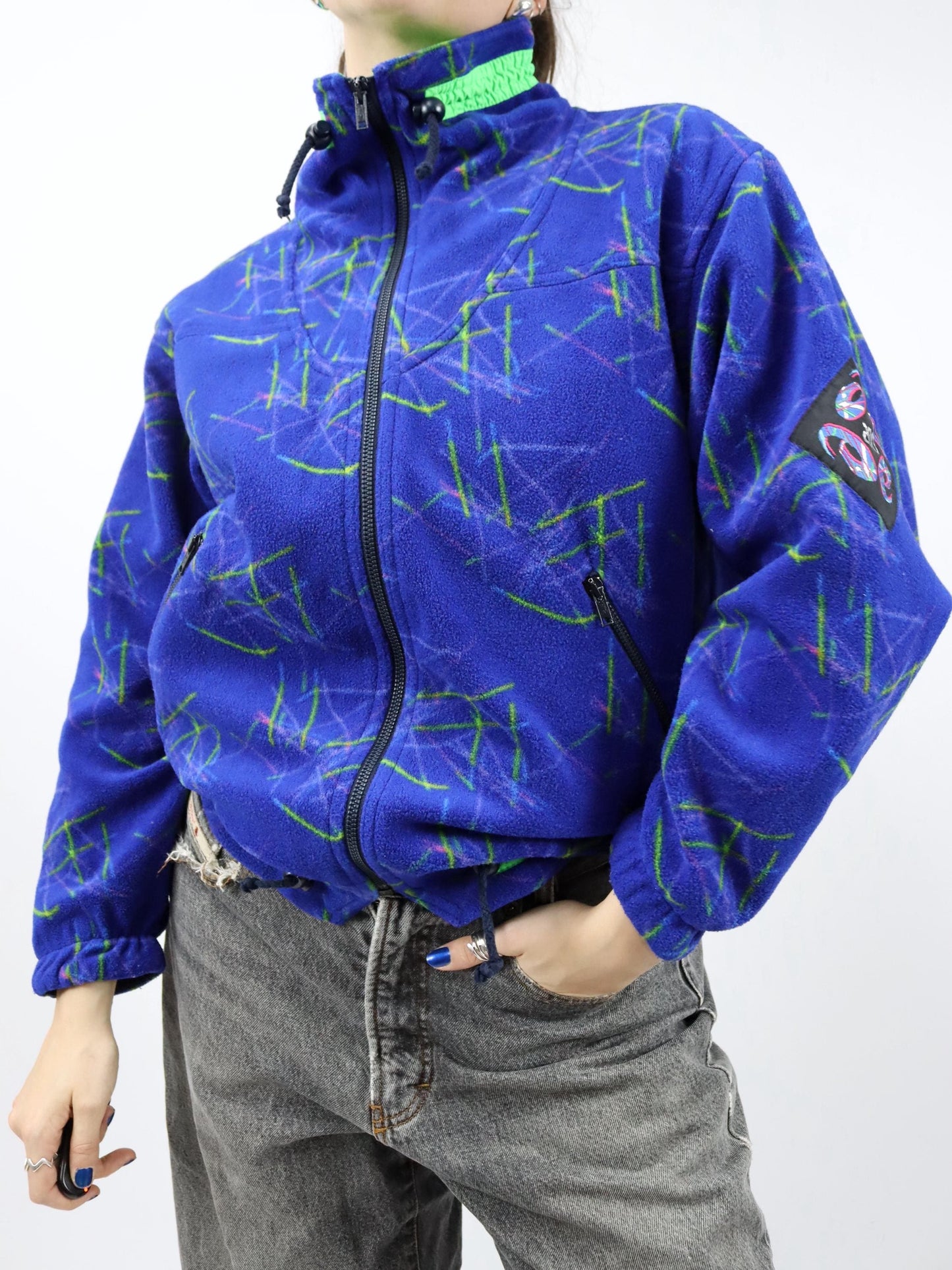 Vintage 80er 90er ASICS Fleecejacke Jacke Stehkragen crazy pattern blau grün M