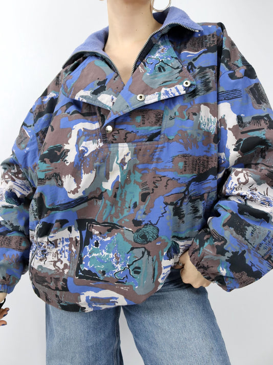 Vintage 80er 90er Jacke Snowboard  Überziehjacke leicht gefüttert crazy pattern blau L