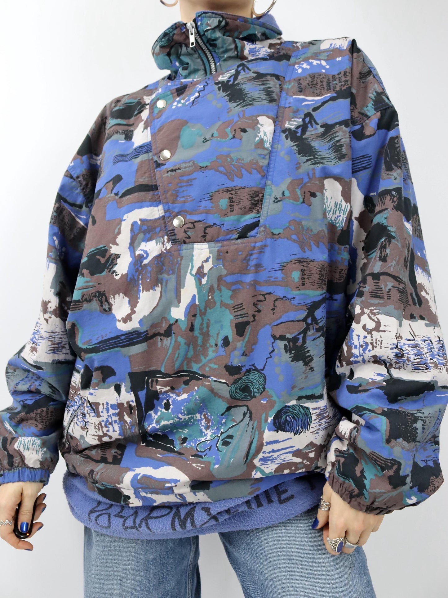 Vintage 80er 90er Jacke Snowboard  Überziehjacke leicht gefüttert crazy pattern blau L