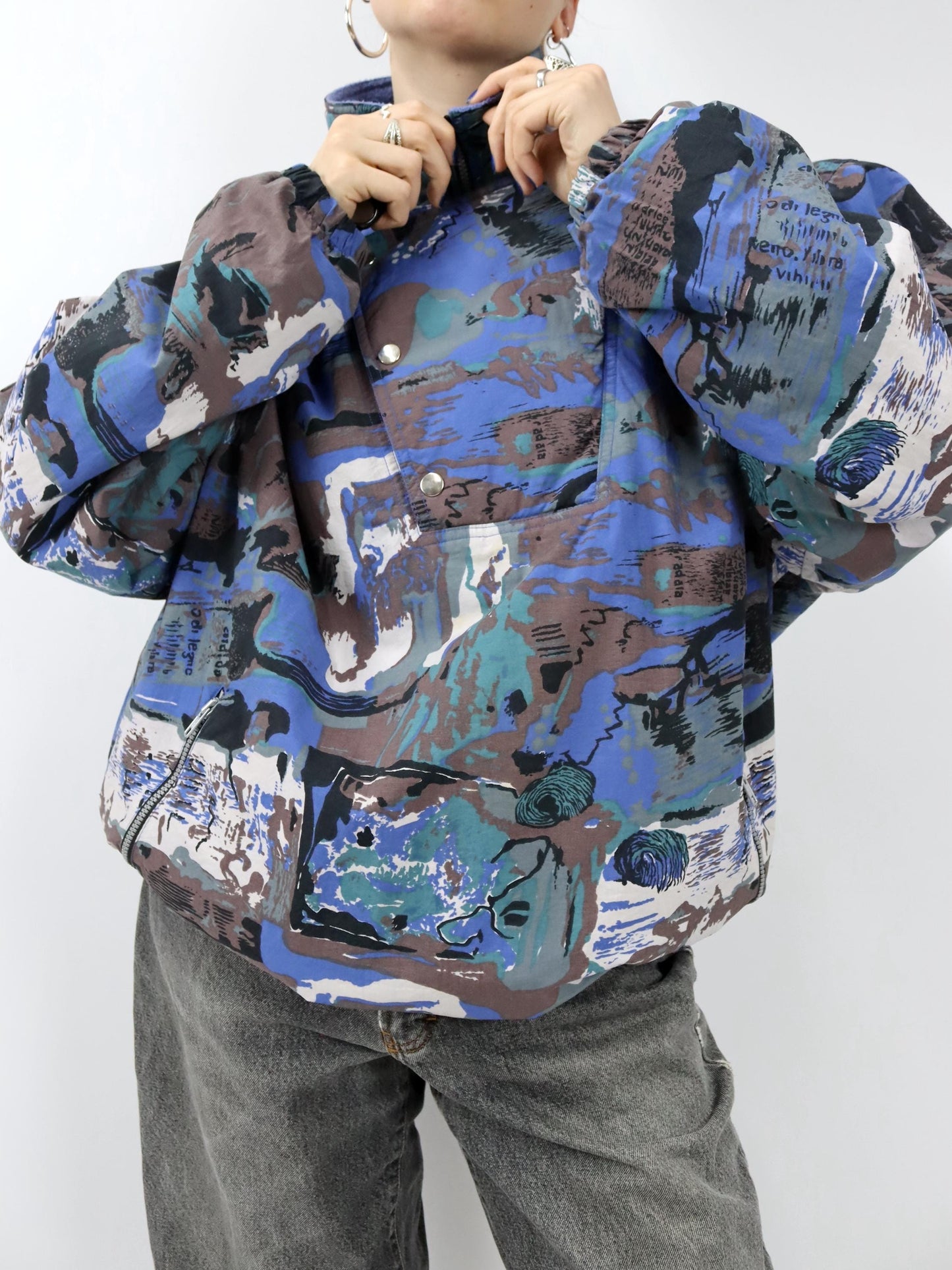 Vintage 80er 90er Jacke Snowboard  Überziehjacke leicht gefüttert crazy pattern blau L