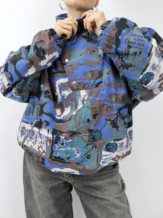 Vintage 80er 90er Jacke Snowboard  Überziehjacke leicht gefüttert crazy pattern blau L