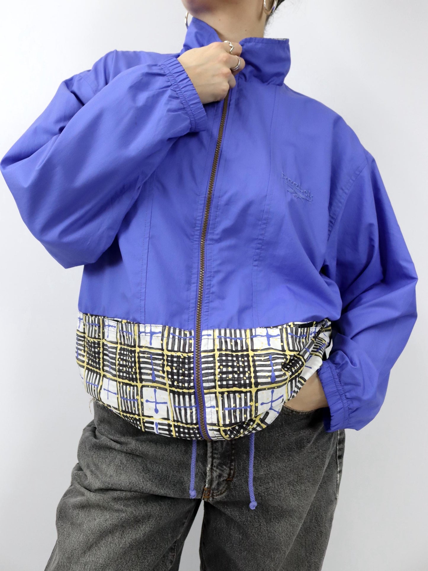 Vintage 80er 90er REEBOK Trainingsjacke Stehkragen kariert blau gelb 38