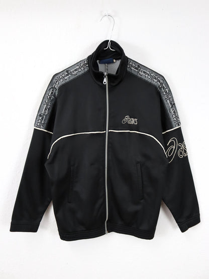Vintage 80er 90er ASICS Trainingsjacke Stehkragen schwarz weiß S