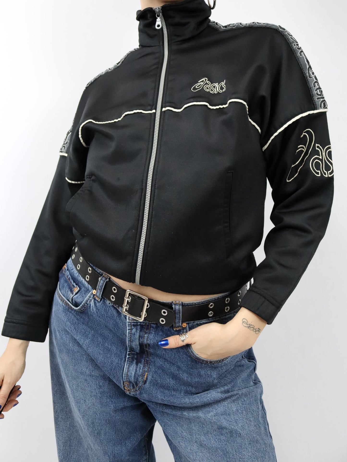 Vintage 80er 90er ASICS Trainingsjacke Stehkragen schwarz weiß S