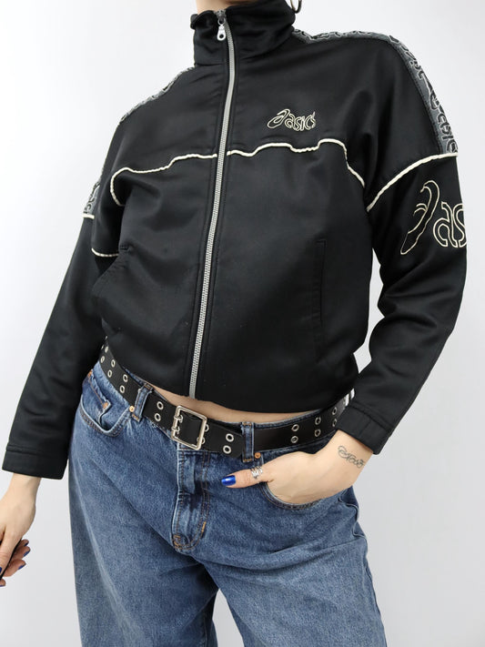 Vintage 80er 90er ASICS Trainingsjacke Stehkragen schwarz weiß S