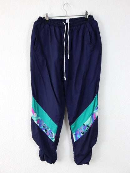 Vintage 80er 90er Trainingshose Jogginghose dunkelblau crazy pattern grün lila doppellagig M