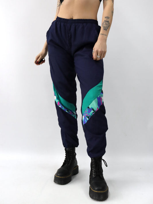 Vintage 80er 90er Trainingshose Jogginghose dunkelblau crazy pattern grün lila doppellagig M
